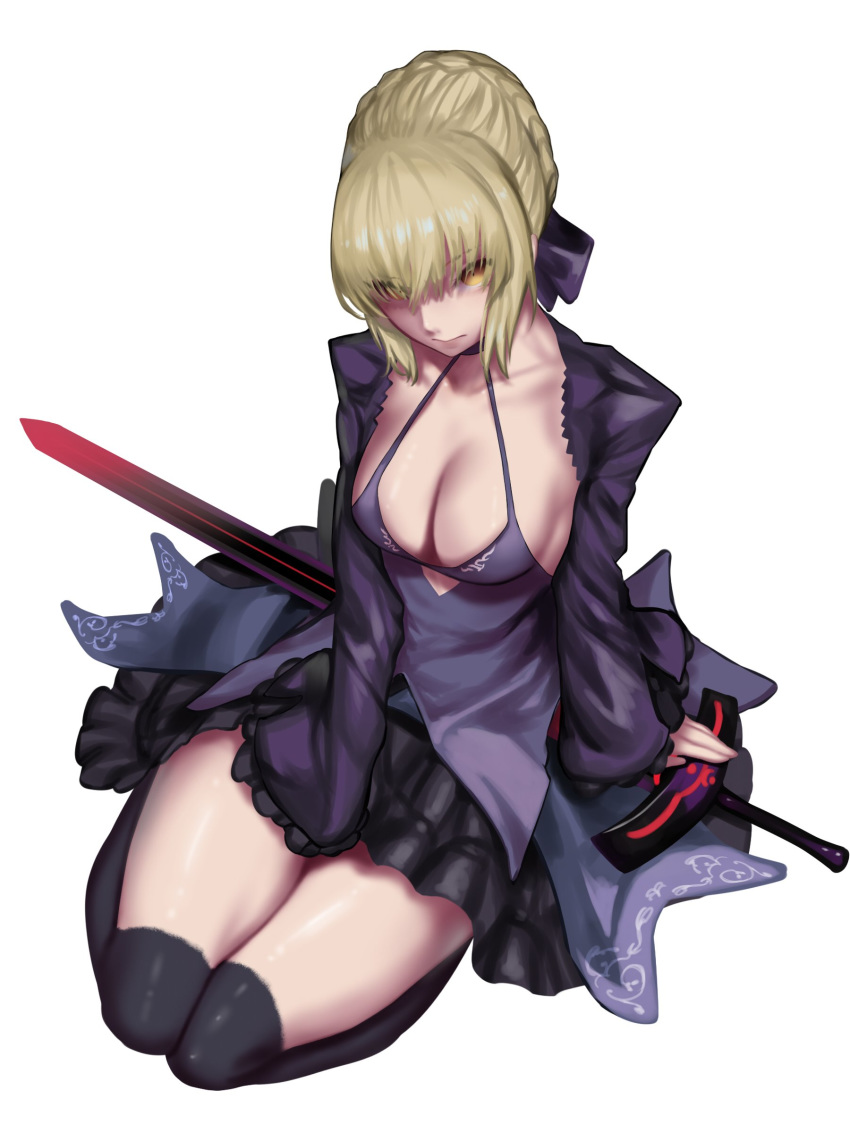 absurdres artoria_pendragon_(all) back_cutout bangs black_dress black_legwear black_ribbon blonde_hair braid breasts cleavage closed_mouth collarbone commentary dark_excalibur dress eyebrows_visible_through_hair fate/grand_order fate_(series) french_braid frilled_sleeves frills full_body gothic_lolita hair_bun hair_over_eyes hair_ribbon hand_on_hilt highres kumiko_shiba lolita_fashion long_sleeves looking_at_viewer medium_breasts puffy_long_sleeves puffy_sleeves ribbon saber_alter short_hair sidelocks simple_background sitting sleeves_past_wrists solo sword thighhighs wariza weapon white_background yellow_eyes