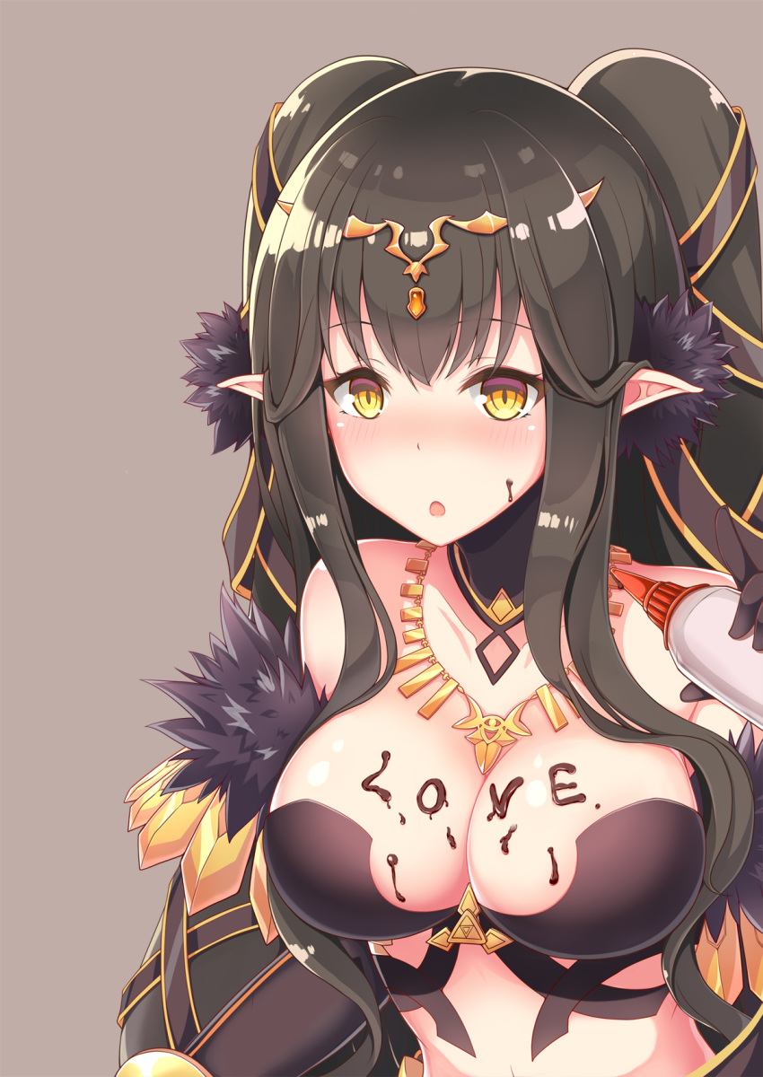 :o bangs bare_shoulders bikini black_bikini black_gloves black_hair blush body_writing breasts chocolate_on_breasts cleavage collarbone detached_collar elbow_gloves english eyebrows_visible_through_hair fate/apocrypha fate/grand_order fate_(series) fur-trimmed_gloves fur_trim gem gloves grey_background highres holding index_finger_raised jewelry kana_(ky4696) large_breasts long_hair looking_at_viewer necklace nose_blush open_mouth pointy_ears semiramis_(fate) shiny shiny_skin sidelocks simple_background solo swimsuit tiara twintails upper_body