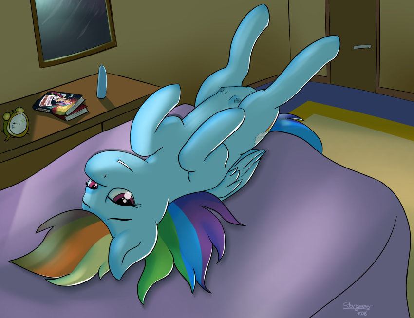 2016 alarm_clock bed blue_feathers blue_fur book clock cutie_mark dildo door equine feathered_wings feathers female feral friendship_is_magic fur furniture hair inside looking_at_viewer lying mammal multicolored_hair multicolored_tail my_little_pony on_back on_bed pegasus pussy rainbow_dash_(mlp) rainbow_hair rainbow_tail sex_toy solo stargazer teats wings