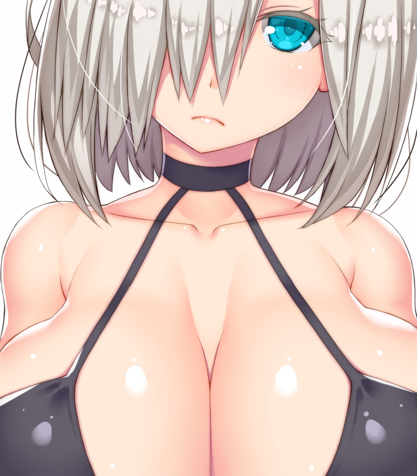 asamura_hiori bangs bikini_top blue_eyes breasts cleavage closed_mouth collarbone commentary_request hair_over_one_eye hamakaze_(kantai_collection) highres kantai_collection large_breasts looking_at_viewer short_hair silver_hair simple_background solo upper_body white_background