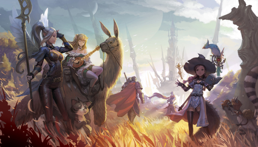 4girls animal animal_on_shoulder armor bard bird bird_on_shoulder blonde_hair bodysuit book boots braid breasts cape cat cleavage creature detached_collar dress echo_of_soul elf fairy familiar fantasy feathered_wings fingerless_gloves french_braid full_body gloves green_dress halberd high_ponytail highres huge_weapon instrument leather long_hair loped lute_(instrument) medium_breasts minigirl multiple_boys multiple_girls music ninja off-shoulder_dress off_shoulder open_book outdoors pauldrons pink_hair playing_instrument pointy_ears polearm raccoon riding silver_hair small_breasts staff sword thigh_boots thighhighs twin_braids two_side_up weapon weapon_on_back white_legwear wings