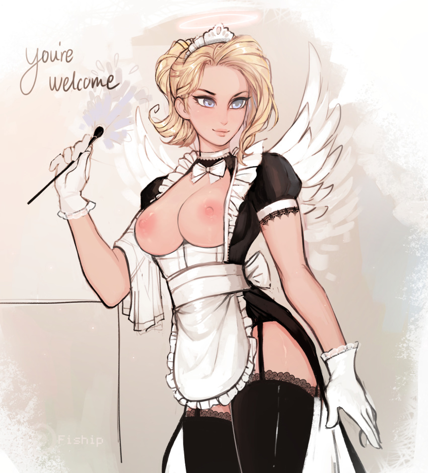 absurdres alternate_costume apron artist_name black_legwear blonde_hair blue_eyes bow bowtie breasts breasts_outside commentary cowboy_shot dress english enmaided feather_duster feathered_wings frills garter_straps gloves halo highres holding lace lace-trimmed_dress lace-trimmed_thighhighs lips looking_to_the_side maid maid_apron maid_headdress matilda_vin medium_breasts mercy_(overwatch) nipples overwatch paid_reward patreon_reward puffy_sleeves short_hair short_sleeves signature skirt smile solo standing thighhighs waist_apron white_bow white_gloves white_neckwear white_wings wings