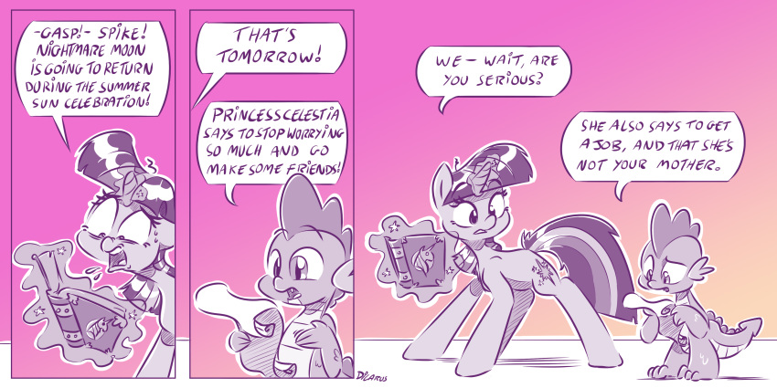 2016 book comic cutie_mark dialogue dilarus dragon duo english_text equine female feral friendship_is_magic fur gradient_background hair horn humor letter magic mammal monochrome multicolored_hair my_little_pony open_mouth restricted_palette scalie scroll simple_background spike_(mlp) text twilight_sparkle_(mlp) unicorn