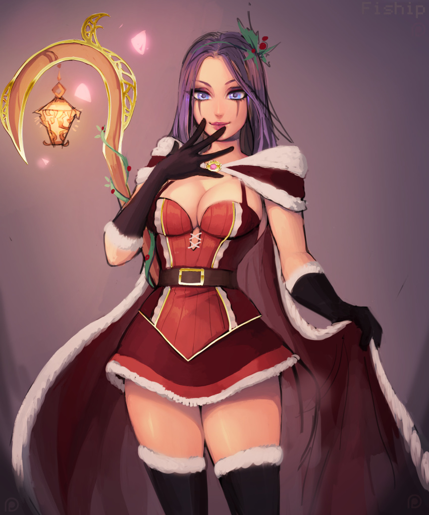 absurdres bangs belt black_gloves black_legwear blue_eyes breasts cape christmas closed_mouth copyright_request cowboy_shot dress emilia_leblanc fur_trim gloves hair_ornament hand_up highres jewelry lantern large_breasts league_of_legends lips looking_at_viewer matilda_vin mistletoe_leblanc necklace parted_bangs purple_hair red_cape santa_costume short_dress smile solo thighhighs