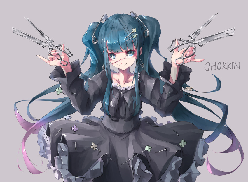 arms_up artist_name bangs black_dress black_ribbon blue_eyes blue_hair closed_mouth collarbone colored_eyelashes dress earrings eyebrows_visible_through_hair gradient_hair hair_ornament hairclip holding holding_scissors jewelry juliet_sleeves layered_dress long_hair long_sleeves multicolored_hair needle ninniku_mashimashi original pinky_out puffy_sleeves purple_hair ribbon safety_pin scissors shiny shiny_hair sidelocks smile solo stitches upper_body very_long_hair