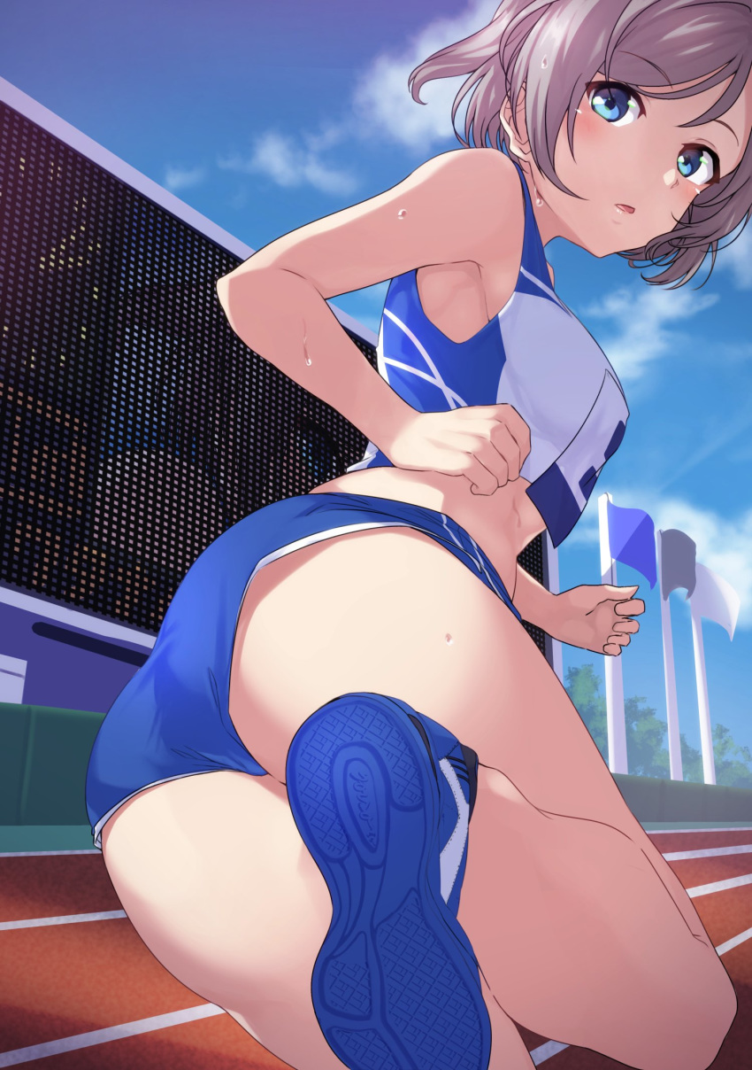 ass blue_eyes blue_shorts breasts brown_hair commentary_request crop_top day eyebrows_visible_through_hair flag folded_leg highres leg_up looking_at_viewer looking_back love_live! love_live!_sunshine!! medium_breasts midriff outdoors shoes short_hair short_shorts shorts sneakers solo sweat track_uniform watanabe_you yamaori_(yamaorimon)
