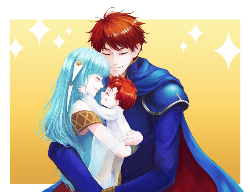 2boys absurdres blue_hair cape chanene closed_eyes dress eliwood_(fire_emblem) father_and_son fire_emblem fire_emblem:_fuuin_no_tsurugi fire_emblem:_rekka_no_ken fire_emblem_heroes headband highres long_hair mamkute mother_and_son multiple_boys ninian red_hair roy_(fire_emblem) short_hair smile younger