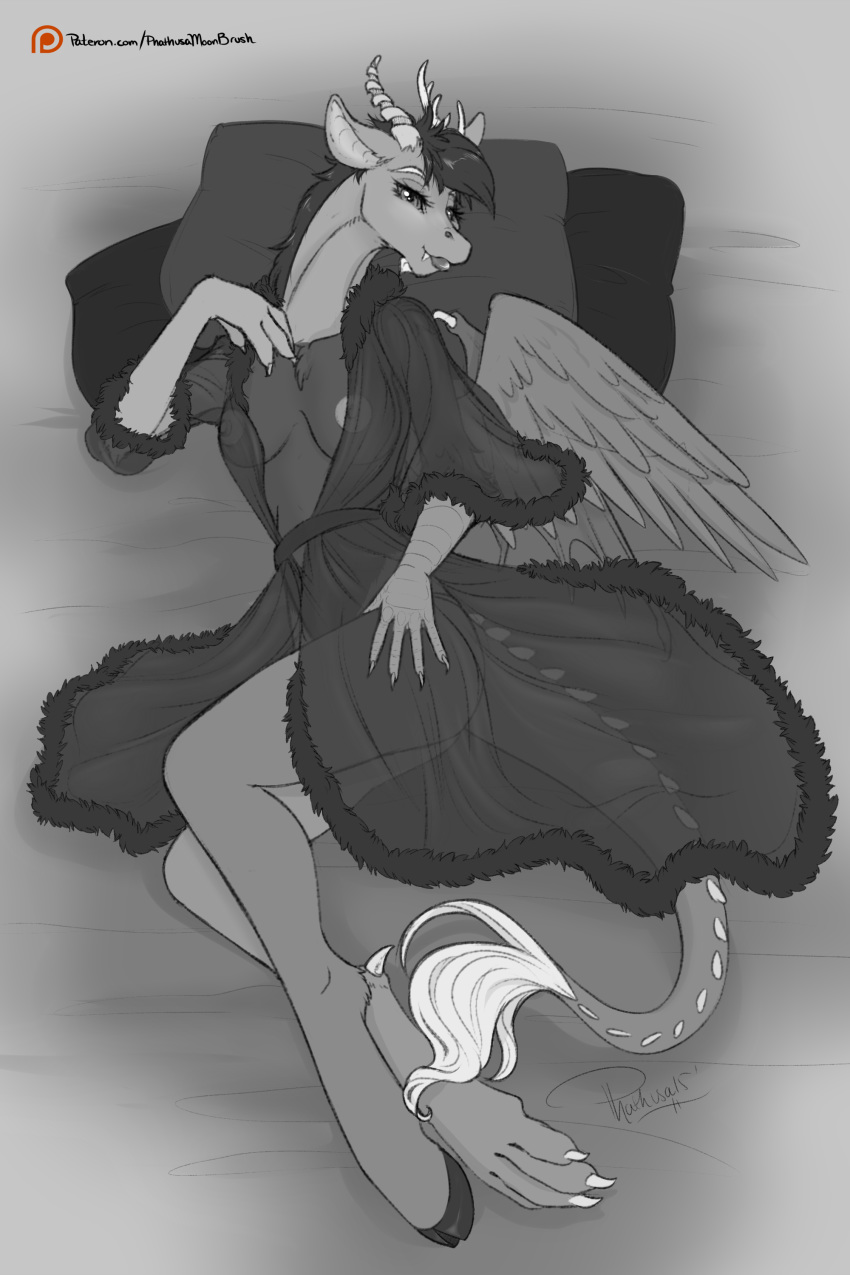 2015 anthro anthrofied antlers areola breasts clothing crossgender discord_(mlp) draconequus english_text erect_nipples fangs feathered_wings feathers female friendship_is_magic hi_res horn lipstick looking_at_viewer lying makeup membranous_wings mismatched_wings monochrome my_little_pony nightgown nipples panties phathusa pillow signature smile solo text translucent transparent_clothing underwear wings