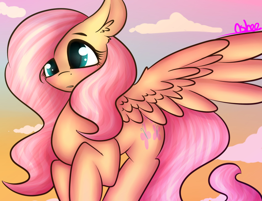2016 ashee_cakes blush cloud cutie_mark equine feathered_wings feathers female feral fluttershy_(mlp) flying friendship_is_magic fur green_eyes hair looking_at_viewer mammal my_little_pony pegasus pink_hair sky solo spread_wings wings yellow_feathers yellow_fur