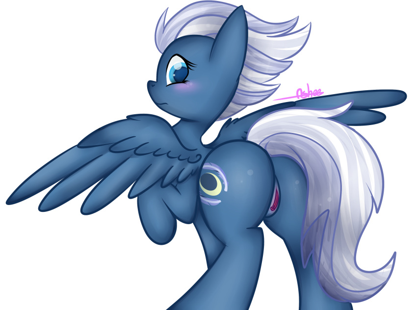 2016 alpha_channel ashee_cakes blue_feathers blue_fur blush cutie_mark equine feathered_wings feathers female feral friendship_is_magic fur hair looking_at_viewer looking_back mammal my_little_pony night_glider_(mlp) pegasus pussy simple_background solo spread_wings transparent_background white_hair wings