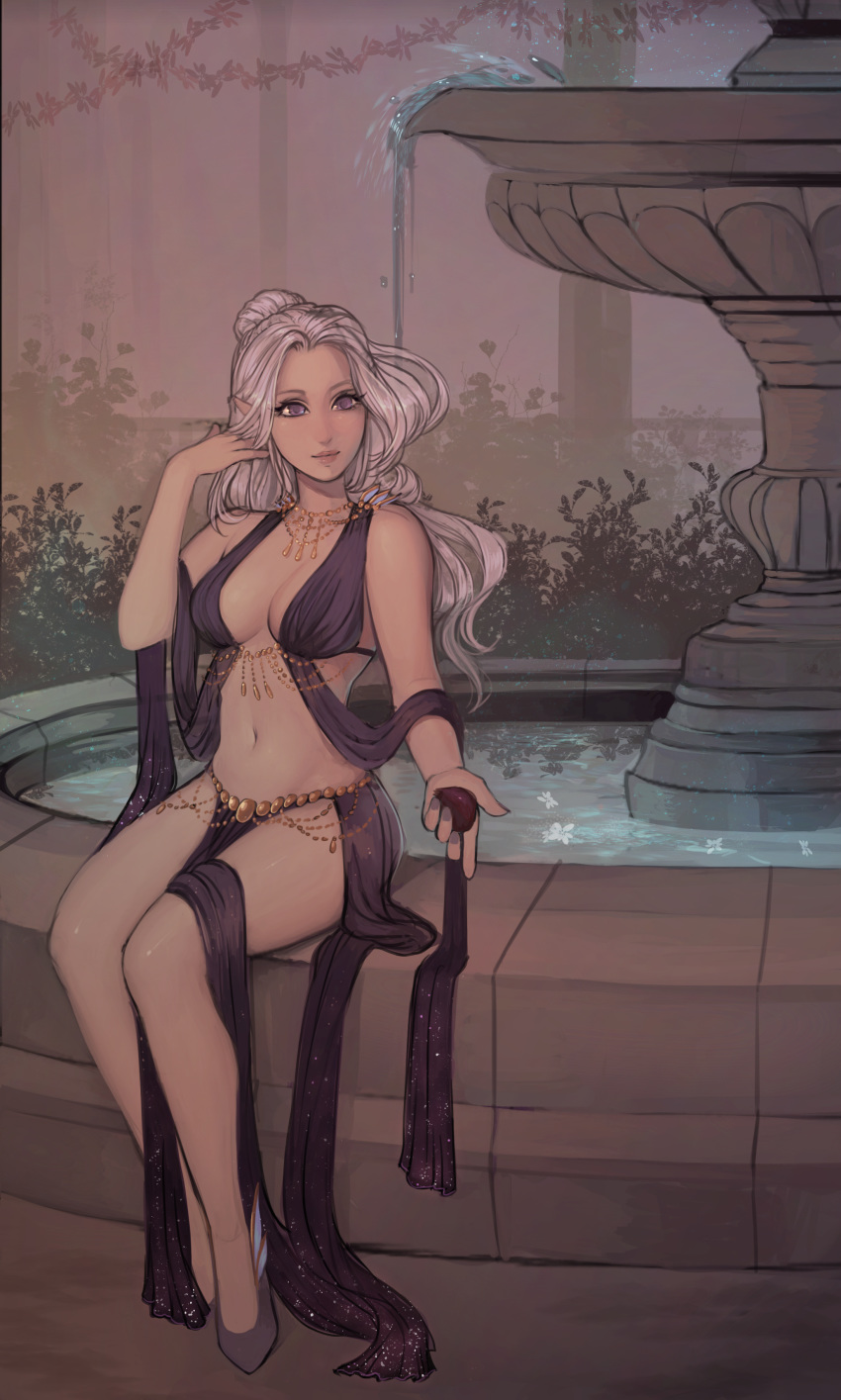 absurdres bare_legs bare_shoulders breasts bush closed_mouth elf fountain grey_footwear hair_bun hand_up high_heels highres holding jewelry long_hair looking_at_viewer matilda_vin medium_breasts navel original pointy_ears purple_eyes revealing_clothes sitting smile solo