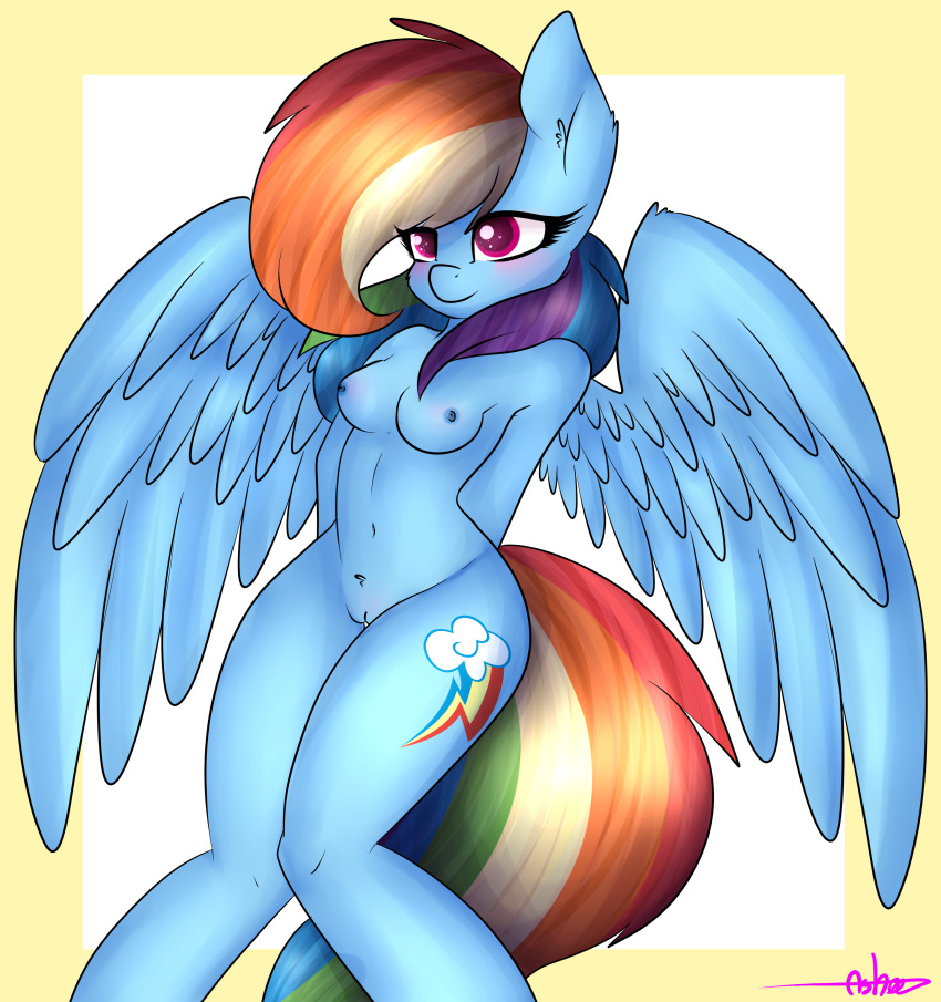 2016 anthro ashee_cakes blue_feathers blue_skin breasts equine feathered_wings feathers female friendship_is_magic hair hi_res mammal multicolored_hair multicolored_tail my_little_pony pegasus pussy rainbow_dash_(mlp) rainbow_hair rainbow_tail smile solo spread_wings wings