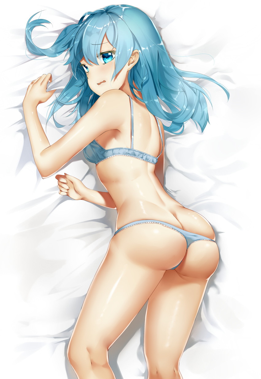 absurdres ass back bangs bare_arms bare_back bare_shoulders blue_bra blue_eyes blue_hair blue_panties blush bra breasts embarrassed eyebrows_visible_through_hair feet_out_of_frame from_above from_behind highres ihachisu kneepits looking_back lying on_stomach open_mouth original panties panty_pull raised_eyebrows shiny shiny_hair shiny_skin skindentation small_breasts solo thong underwear underwear_only wavy_mouth