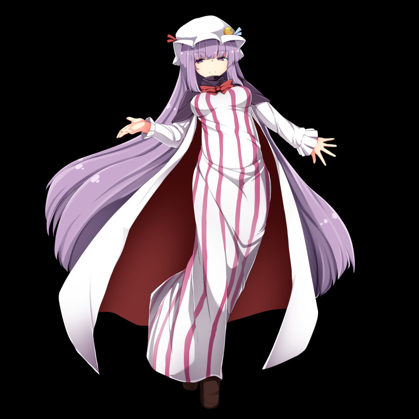 absurdres bangs black_background blue_ribbon blunt_bangs bow bowtie brown_footwear capelet crescent crescent_moon_pin dress eyebrows_visible_through_hair full_body haruto_(hirokazu1001) hat hat_ribbon highres light_smile long_hair looking_at_viewer open_clothes open_robe patchouli_knowledge purple_eyes purple_hair red_neckwear red_ribbon ribbon robe simple_background solo standing striped striped_dress touhou turtleneck very_long_hair white_hat