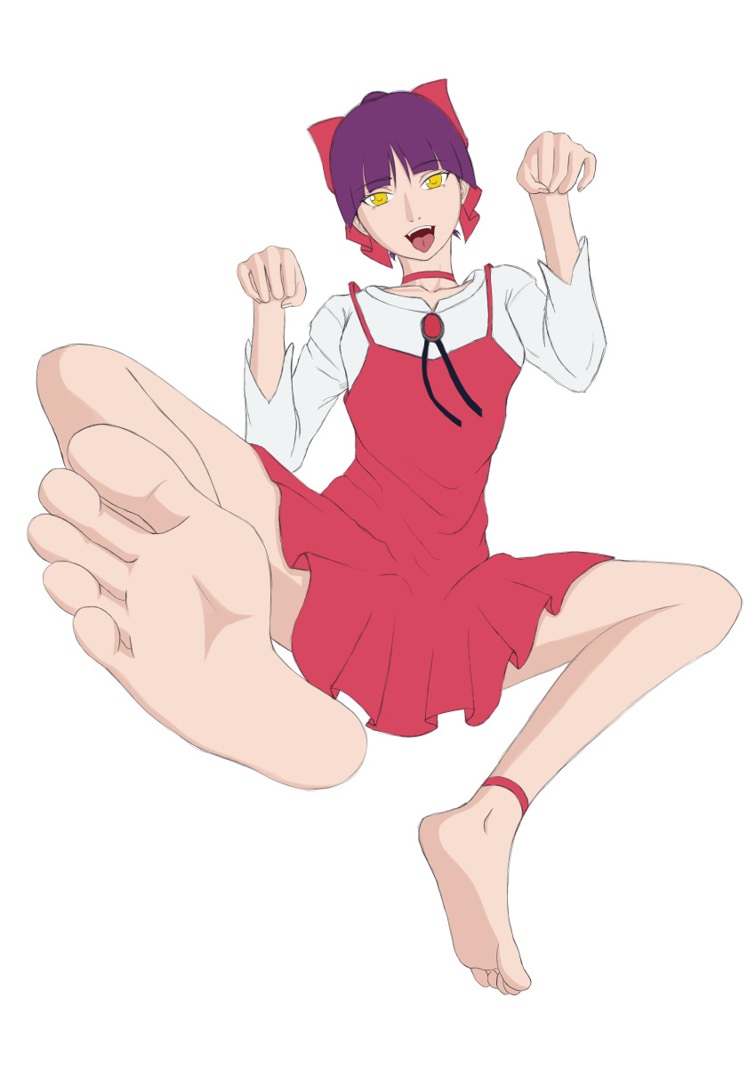 1girl barefoot fangs feet gegege_no_kitarou hair_bow highres looking_at_viewer nekomusume one_leg_raised open_mouth pov pov_feet purple_hair soles toes tongue_out yellow_eyes