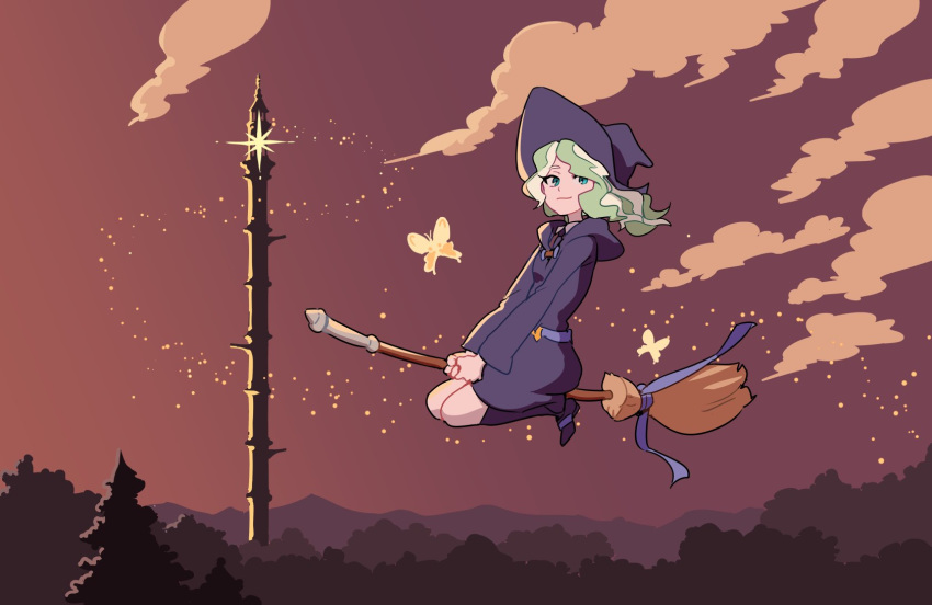 broom broom_riding commentary diana_cavendish fireflies flying forest highres imjayu little_witch_academia nature night night_sky sky smile solo tower