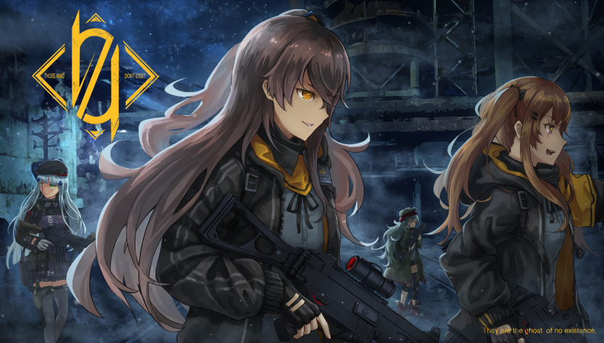 404_logo_(girls_frontline) 4girls absurdres ankle_boots armband assault_rifle bangs belt beret black_gloves black_legwear black_ribbon blunt_bangs blush boots breasts brown_eyes brown_hair building bullpup cleavage closed_mouth clothes_writing commentary_request expressionless eyebrows_visible_through_hair fingerless_gloves floating_hair fog g11 g11_(girls_frontline) girls_frontline gloves green_eyes gun h&amp;k_ump h&amp;k_ump45 h&amp;k_ump9 hair_between_eyes hair_ornament hair_ribbon hairclip handgun hat heckler_&amp;_koch highres hk416 hk416_(girls_frontline) holding holding_gun holding_weapon holster hood hood_down hooded_jacket jacket knee_pads light_particles long_hair looking_afar medium_breasts multiple_girls night one_side_up open_clothes open_mouth outdoors parted_lips pistol plaid plaid_skirt pleated_skirt pouch ribbon rifle scar scar_across_eye scarf scarf_on_head scope shirt shorts silver_hair skirt sky smile star_(sky) starry_sky strap submachine_gun suppressor text_focus thigh_holster thigh_strap thighhighs thighs trigger_discipline twintails ump45_(girls_frontline) ump9_(girls_frontline) unzipped very_long_hair walking wanju_wuya weapon yellow_eyes