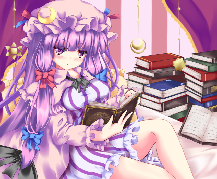 :o bangs blunt_bangs book book_stack breasts crescent curtains double_bun dress eyebrows_visible_through_hair feet_out_of_frame frilled_dress frills hair_ribbon hat indoors knee_up long_hair looking_at_viewer magic_circle medium_breasts mob_cap on_bed open_book outstretched_leg patchouli_knowledge pillow purple_eyes purple_hair ribbon robe sidelocks sitting solo striped striped_background striped_dress sun_(symbol) touhou tress_ribbon unory very_long_hair