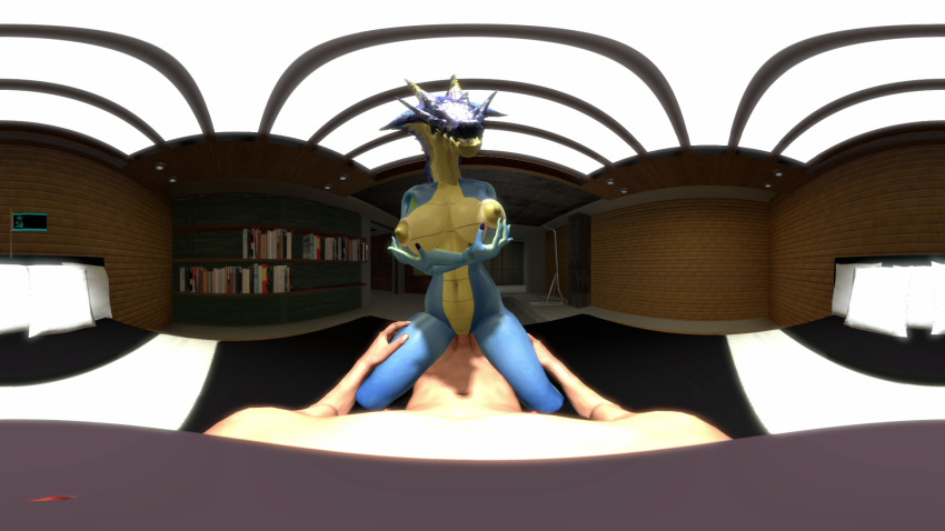 16:9 360_image 3d_(artwork) bed capcom cowgirl_position digital_media_(artwork) equirectangular_panorama erection female first_person_view hi_res human human_male lagiacrus male male/female mammal monster_hunter nude on_top penis pillow pussy sex shelf transfatasshat video_games