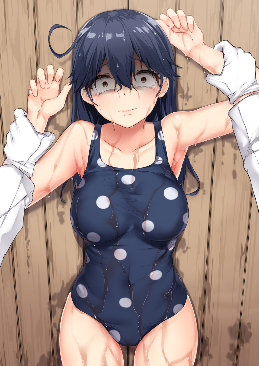 10s 1girl absurdres admiral_(kantai_collection) against_wall ahoge arm_up armpits bags_under_eyes bare_arms bare_shoulders black_hair breasts brown_eyes constricted_pupils covered_navel cowboy_shot curvy dripping game_cg gloves hair_between_eyes hetero highres imminent_rape jaku_denpa kantai_collection large_breasts long_hair long_sleeves looking_at_viewer polka_dot polka_dot_swimsuit restrained scared solo_focus standing swimsuit thighs ushio_(kantai_collection) very_long_hair wall_slam water wet wet_clothes wet_hair wet_swimsuit wooden_wall wrist_grab