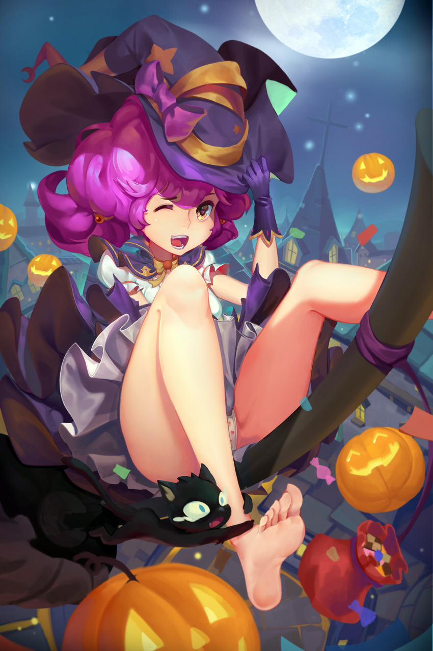 1girl barefoot broom_riding cat feet halloween heart-shaped_pupils jack-o'-lantern long_hair looking_at_viewer moon one_eye_closed open_mouth pantyshot pink_hair soles toes witch_hat yellow_eyes