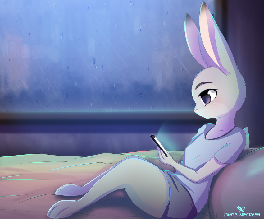 2016 3_toes anthro bed blush cellphone clothed clothing cute disney female fur grey_fur hi_res holding_object holding_phone inside judy_hopps lagomorph long_ears mammal on_bed pastelmistress phone purple_eyes rabbit raining sitting smile solo toes zootopia