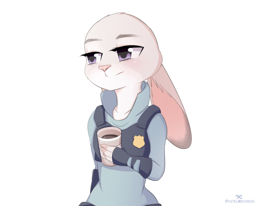 2016 4_fingers anthro beverage clothed clothing coffee coffee_cup disney ears_down female fingerless_gloves food fur gloves grey_fur hi_res holding_object judy_hopps lagomorph long_ears mammal pastelmistress police_uniform purple_eyes rabbit simple_background solo uniform white_background zootopia