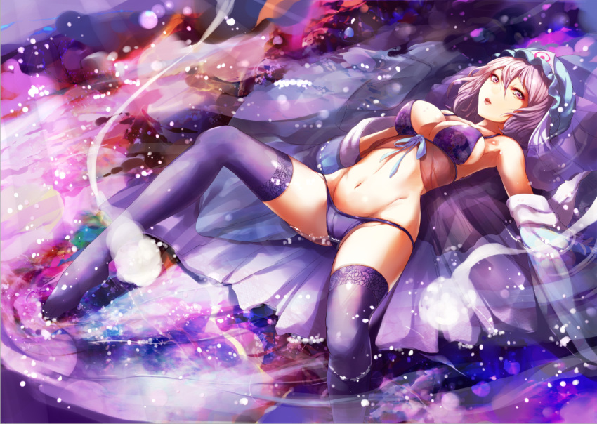 bra breasts cleavage jpeg_artifacts long_hair mayonaka_taruho navel panties purple_eyes purple_hair ribbons saigyouji_yuyuko see_through thighhighs touhou underwear water