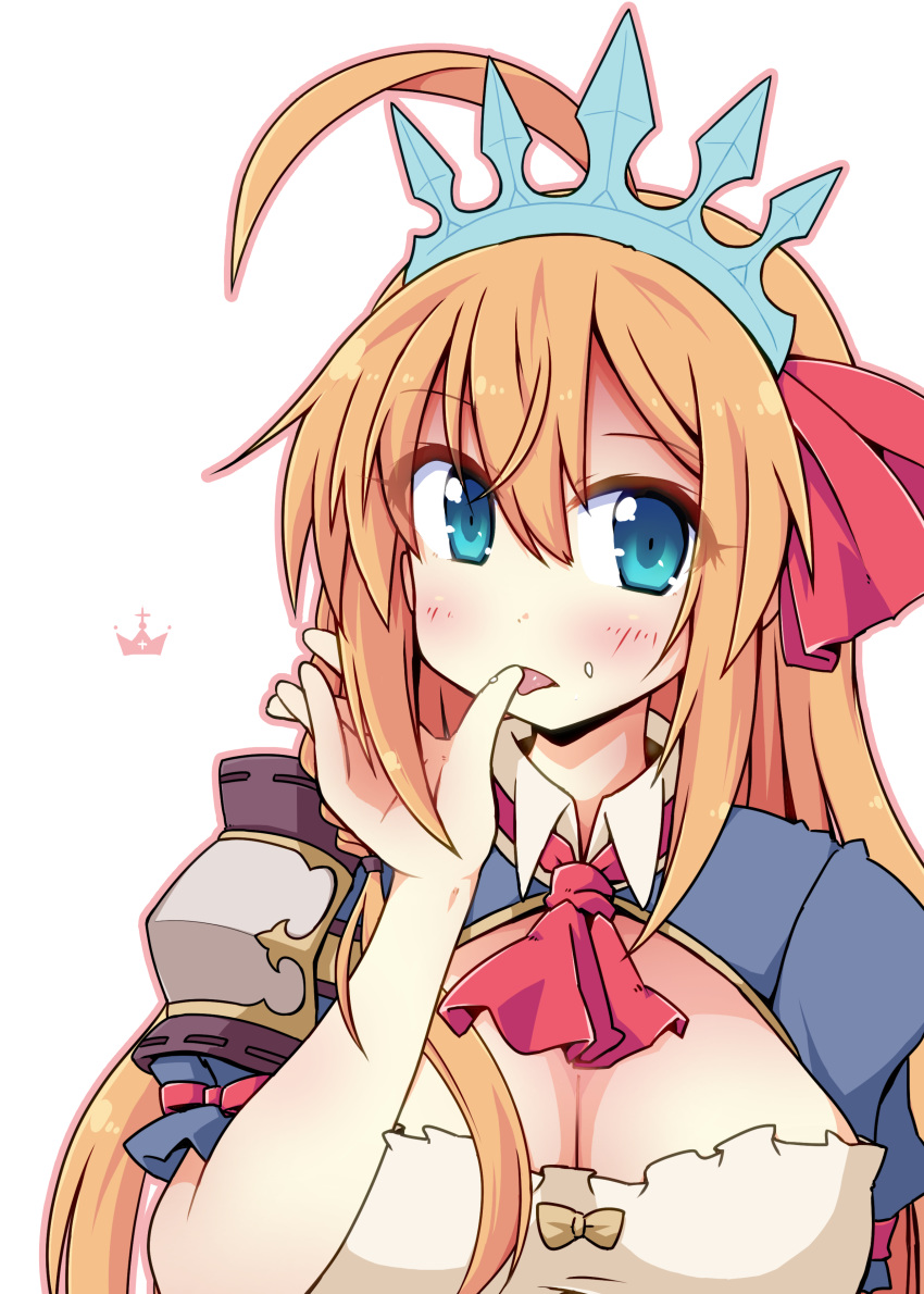 absurdres ahoge blonde_hair blue_eyes breasts cleavage commentary_request dress eyebrows_visible_through_hair highres long_hair medium_breasts pecorine princess_connect! princess_connect!_re:dive short_sleeves tiara tongue tongue_out yuuhi_alpha