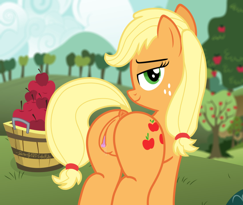 2015 anus apple applejack_(mlp) bedroom_eyes butt clitoris dock earth_pony equine female feral food friendship_is_magic fruit half-closed_eyes horse looking_at_viewer looking_back mammal my_little_pony outside pony puffy_anus pussy pussy_juice seductive shutterflyeqd smile solo