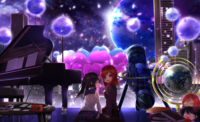 absurdres alternate_costume black_hair book building camera character_doll city closed_eyes commentary_request globe grand_piano highres instrument long_hair looking_at_another love_live! love_live!_school_idol_festival love_live!_school_idol_project multiple_girls nesoberi night night_sky nishikino_maki orein piano purple_eyes red_hair sailor_collar school_uniform sheet_music short_hair sitting skirt sky smile star_(sky) starry_sky table telescope thighhighs twintails yazawa_nico