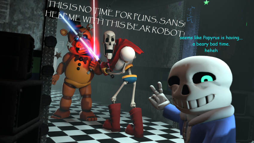 ! ... 16:9 3_toes 3d_(artwork) animated_skeleton animatronic bear bone clothed clothing comic_sans crossover dialogue digital_media_(artwork) english_text fight five_nights_at_freddy's footwear freddy_(fnaf) gesture grin group hat hoodie humor jacket lightsaber looking_at_viewer machine mammal papyrus_(undertale) pun robot sans_(undertale) scarf selfie shimiiy shoes skeleton smile source_filmmaker star_wars teeth television text toes undead undertale v_sign video_games why