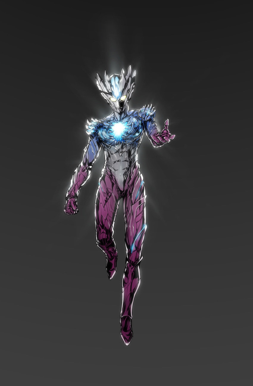 armor bai_wang floating full_armor full_body glowing glowing_eyes grey_background helmet highres looking_at_viewer male_focus outstretched_arm simple_background solo ultra_series ultraman_saga ultraman_saga_(series)