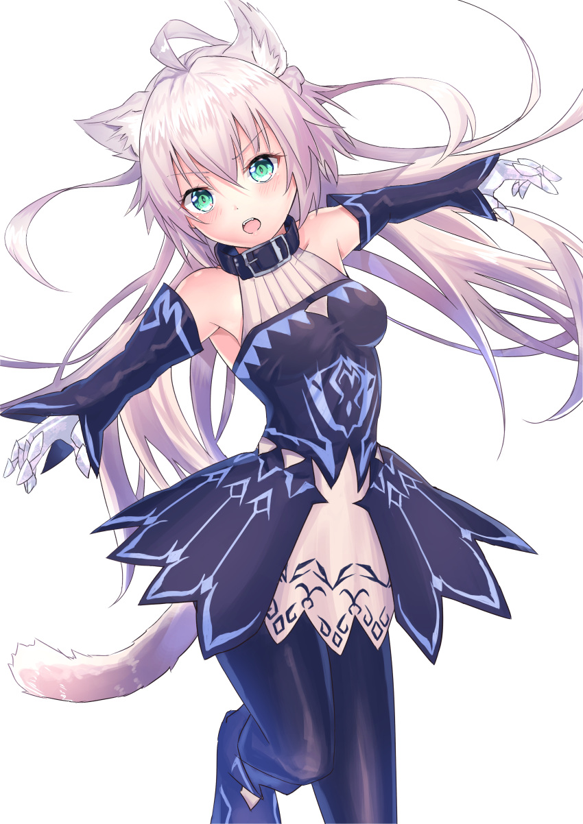 absurdres agrius_metamorphosis ahoge animal_ears arms_at_sides atalanta_(alter)_(fate) atalanta_(fate) bangs bare_shoulders black_dress black_legwear black_pants blush braid breasts cat_ears collar commentary_request cowboy_shot detached_sleeves dress eyebrows_visible_through_hair fangs fate/grand_order fate_(series) gauntlets green_eyes hair_between_eyes halterneck head_tilt highres leaning_to_the_side leg_up long_hair looking_at_viewer medium_breasts muragaki_(sgxx4878) open_mouth pants side_braid silver_hair solo standing standing_on_one_leg tail very_long_hair white_background