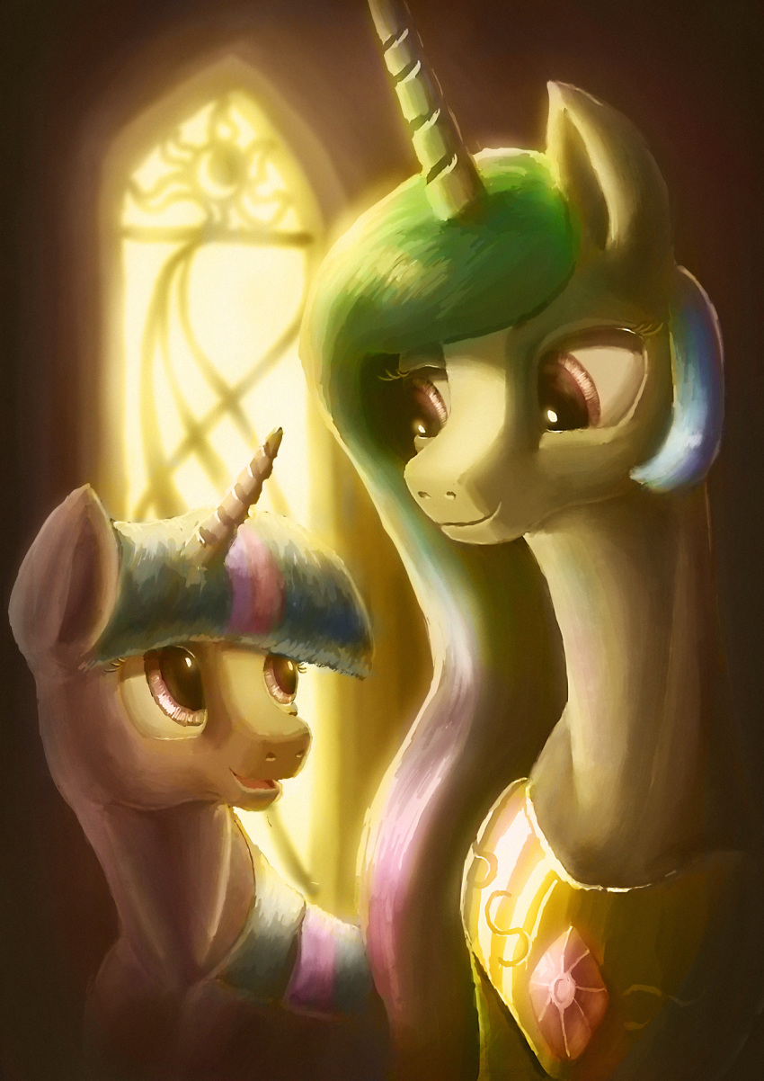 duo equine female feral friendship_is_magic hair horn mammal multicolored_hair my_little_pony open_mouth plainoasis princess_celestia_(mlp) purple_eyes smile stained_glass twilight_sparkle_(mlp) two_tone_hair unicorn window