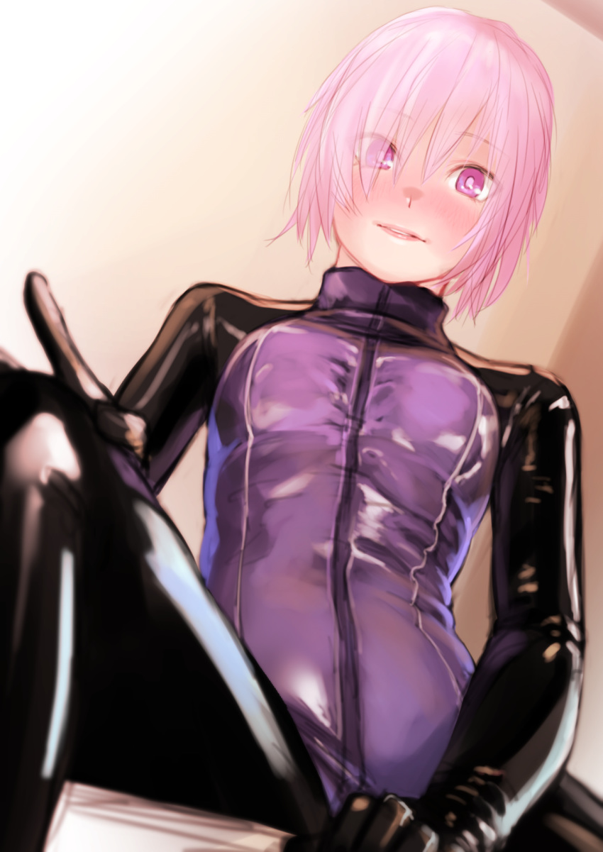 bodysuit breasts commentary_request covered_navel fate/grand_order fate_(series) hair_over_one_eye highres kilye_4421 lavender_hair looking_at_viewer mash_kyrielight purple_eyes short_hair skin_tight small_breasts solo