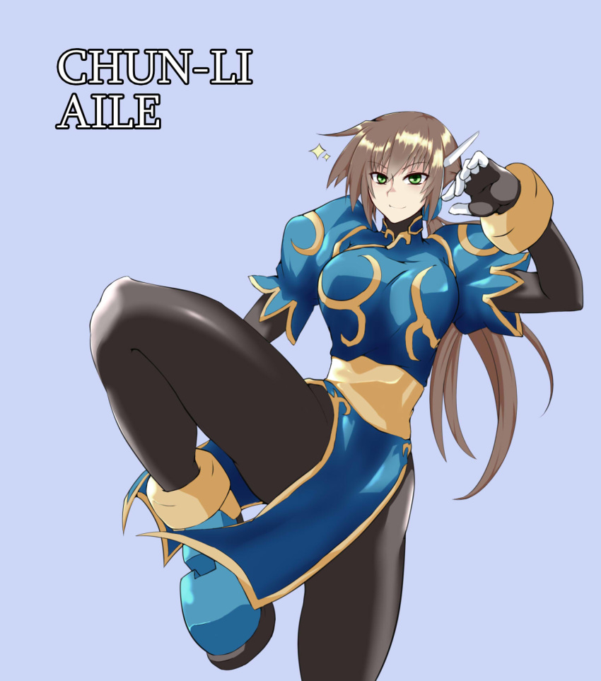 1gril aile black_legwear blue_background bodystocking bracelet breasts brown_hair capcom chinese_clothes chun-li chun-li_(cosplay) cosplay fighting_stance green_eyes high_ponytail inti_creates large_breasts long_hair one_leg_raised ponytail puffy_short_sleeves rockman rockman_zx rockman_zx_advent simple_background smile solo tgxx3300