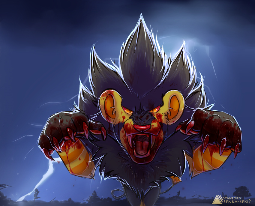 2018 angry black_fur blitz_the_luxray blood blood_on_face claws digital_media_(artwork) fangs feral fur gore hard_vore hi_res lighting looking_at_viewer luxray nintendo open_mouth pok&eacute;mon pok&eacute;mon_(species) pounce red_eyes senka_bekic shiny_pok&eacute;mon simple_background solo teeth thunder video_games vore yellow_eyes yellow_fur