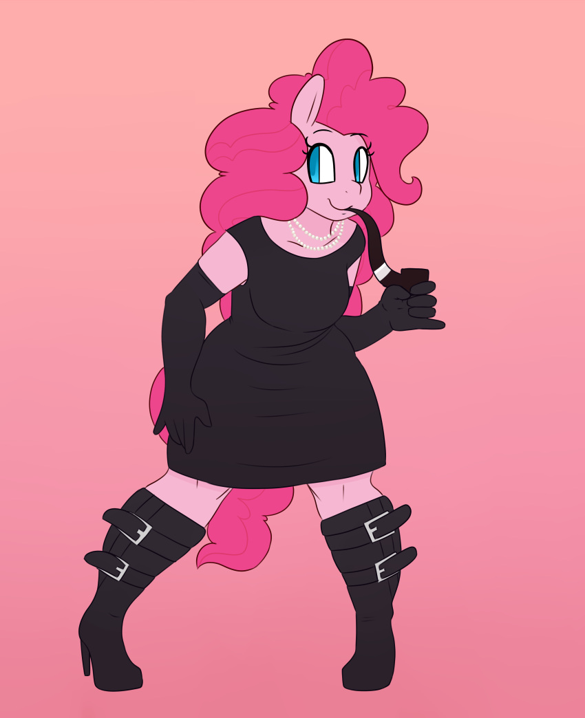 anthro anthrofied blue_eyes breasts clothed clothing dress earth_pony equine female footwear friendship_is_magic gloves hair hi_res horse jewelry legwear mammal my_little_pony necklace pink_background pink_hair pink_skin pinkie_pie_(mlp) pipe pony shoes simple_background smile smoking smoking_pipe solo somescrub stockings tobacco