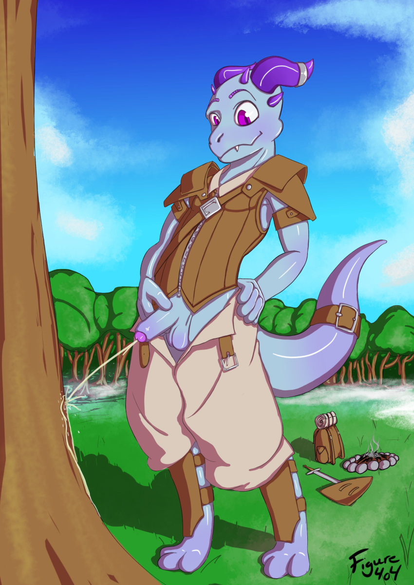 anthro balls biped campfire clothed clothing dragon figure404 fur grass hi_res male melee_weapon outside peeing penis purple_eyes scalie shield solo tree urine watersports weapon
