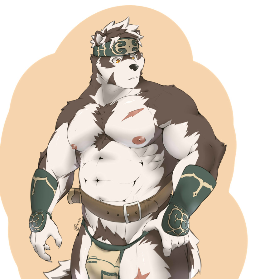 abs anthro bulge canine clothing essentialryu flaccid headband horkeukamui humanoid_penis loincloth male mammal mostly_nude muscular muscular_male pecs penis pubes scar solo standing tokyo_afterschool_summoners vein