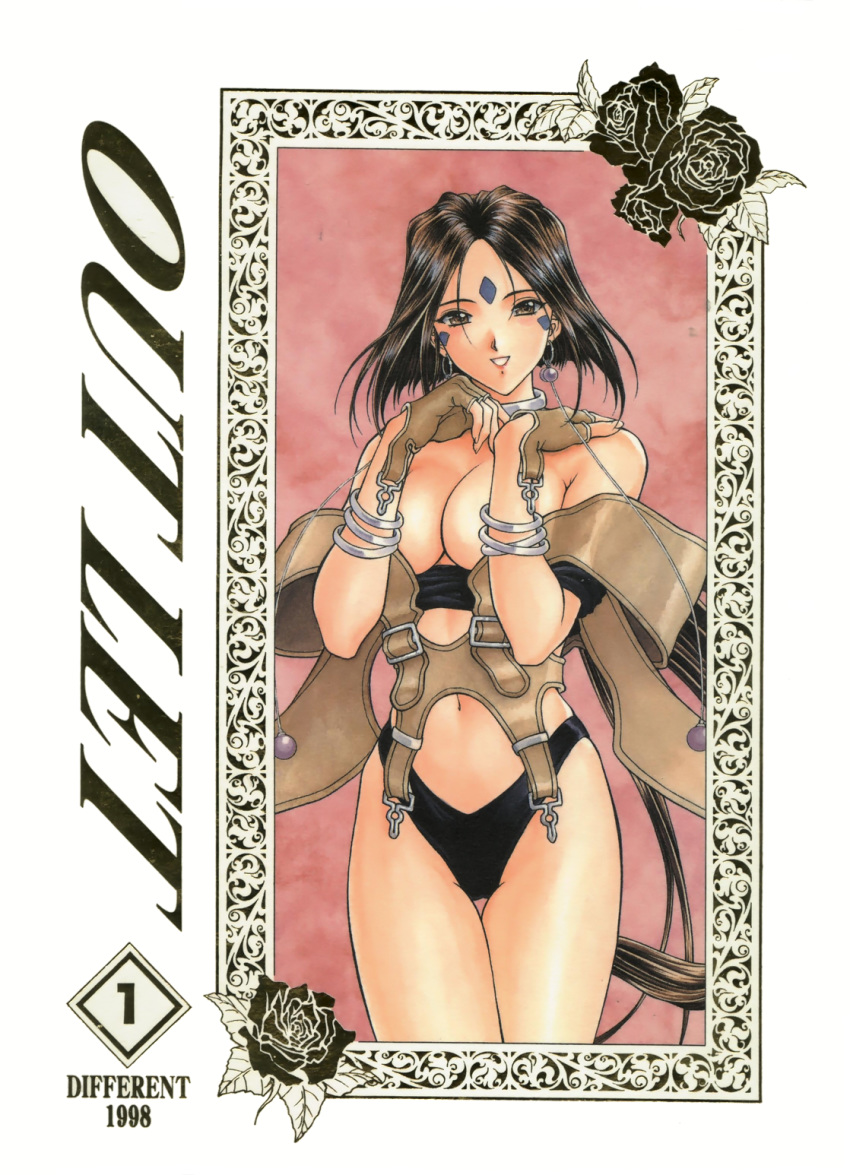 aa_megami-sama bangle bikini bikini_bottom bikini_top black_bikini black_hair bracelet breasts brown_eyes choker convenient_arm cover cover_page doujin_cover earrings facial_mark fingerless_gloves forehead_mark gloves highres jewelry leather leather_gloves long_hair looking_at_viewer medium_breasts peorth ponytail solo swimsuit
