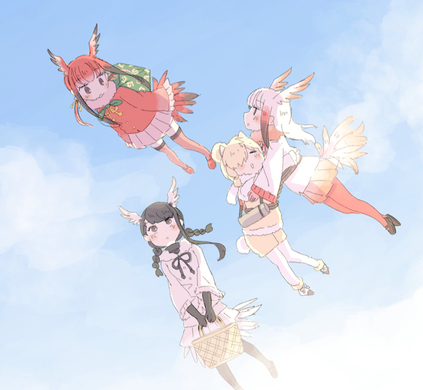 alpaca_ears alpaca_suri_(kemono_friends) alpaca_tail animal_ears bangs bird_tail bird_wings black-headed_ibis_(kemono_friends) black_hair blush box braid canteen carrying closed_eyes elbow_gloves eyebrows_visible_through_hair flying frilled_sleeves frills fur_collar gloves hair_bun hair_over_one_eye hair_ribbon hasu_(zatsugami) head_wings highres japanese_crested_ibis_(kemono_friends) japari_symbol jpeg_artifacts kemono_friends long_sleeves multi-tied_hair multicolored_hair multiple_girls neck_ribbon pantyhose picnic_basket pleated_skirt red_hair ribbon scarlet_ibis_(kemono_friends) short_hair shorts sidelocks skirt sky tail thighhighs tress_ribbon twin_braids twintails white_hair wings wrapped_up