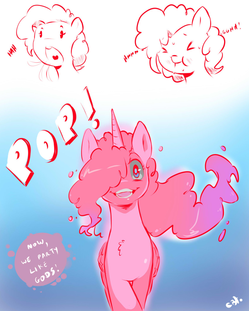 2014 30_minute_art_challenge alternate_species blue_eyes cold-blooded-twilight dialogue equine female feral friendship_is_magic fur hair hi_res horn looking_at_viewer mammal my_little_pony open_mouth pink_fur pink_hair pinkie_pie_(mlp) text transformation winged_unicorn wings