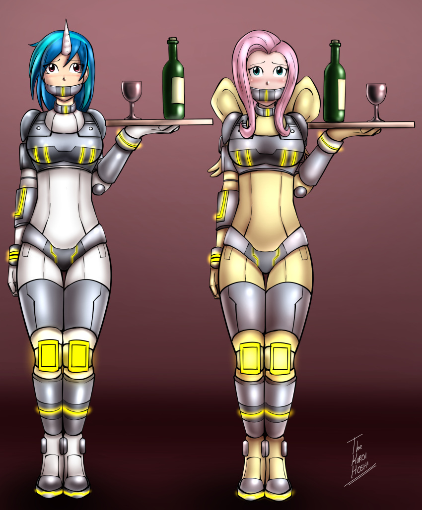 armor bdsm bondage bound breasts dakuroihoshi duo female fluttershy_(mlp) friendship_is_magic gag gagged hi_res horn human humanoid mammal metal my_little_pony red_background simple_background vinyl_scratch_(mlp) wings
