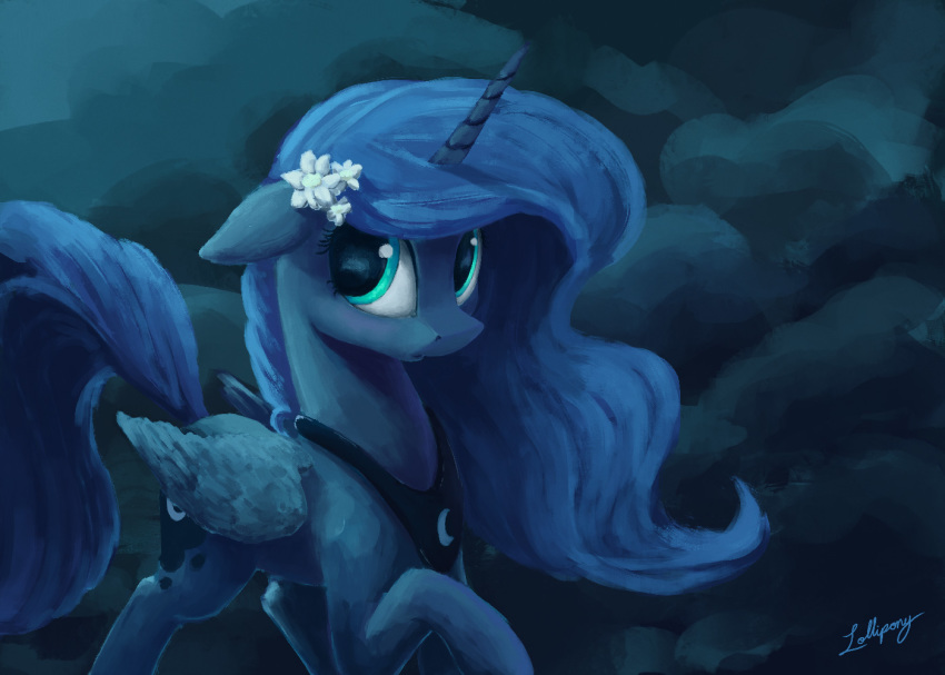 2018 blue_feathers blue_hair cute cutie_mark equine eyelashes feathered_wings feathers female feral floppy_ears flower flower_in_hair friendship_is_magic hair hooves horn lolliponybrony long_hair mammal my_little_pony nude plant portrait princess_luna_(mlp) signature solo teal_eyes winged_unicorn wings