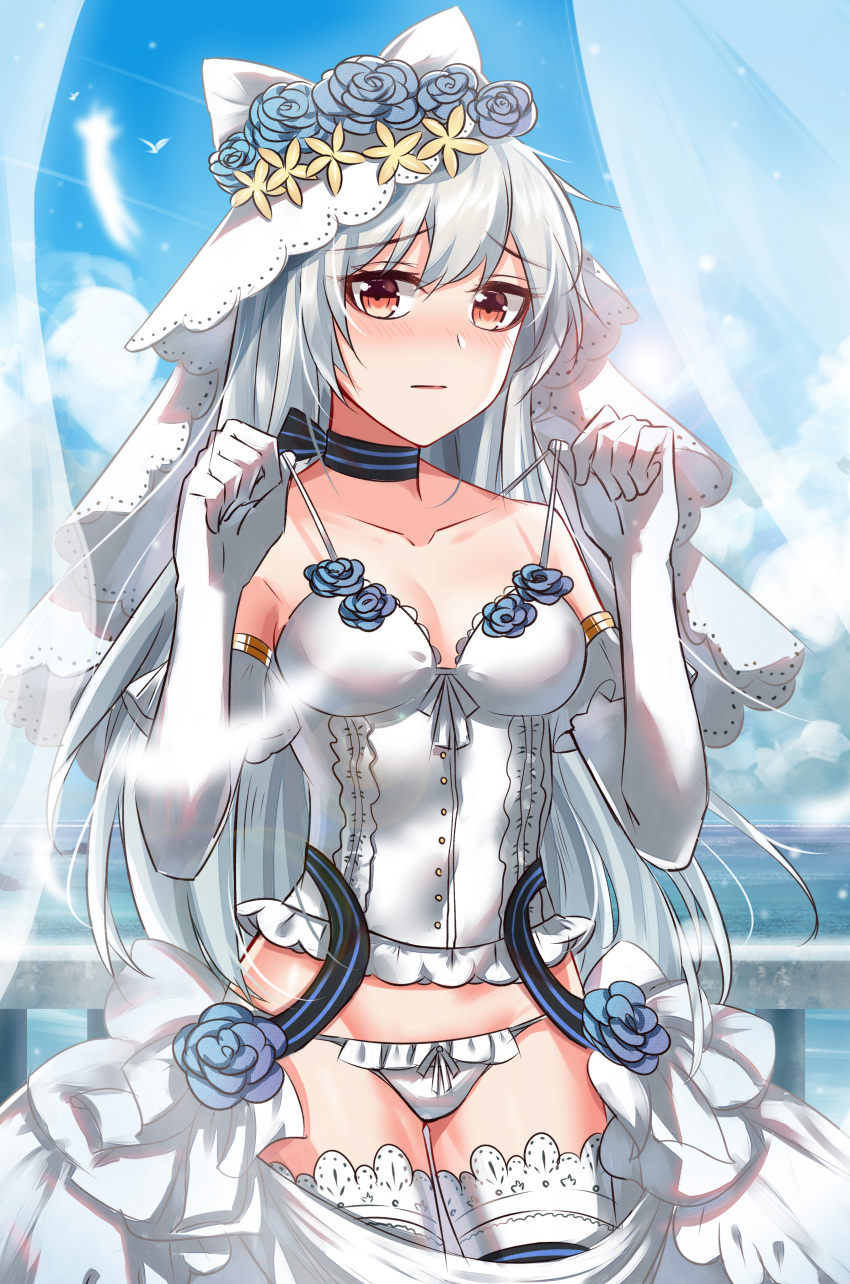 absurdres bangs blue_flower blue_rose blush breasts brown_eyes choker cloud collarbone commentary_request corset cowboy_shot day dress elbow_gloves eossim eyebrows_visible_through_hair flower girls_frontline gloves hair_between_eyes hands_up highres lace lace-trimmed_thighhighs lingerie long_hair looking_at_viewer medium_breasts ocean panties railing ribbon_choker rose silver_hair skirt sky solo strap_lift summer thighhighs tokarev_(girls_frontline) underwear veil water wedding_dress white_corset white_gloves white_panties
