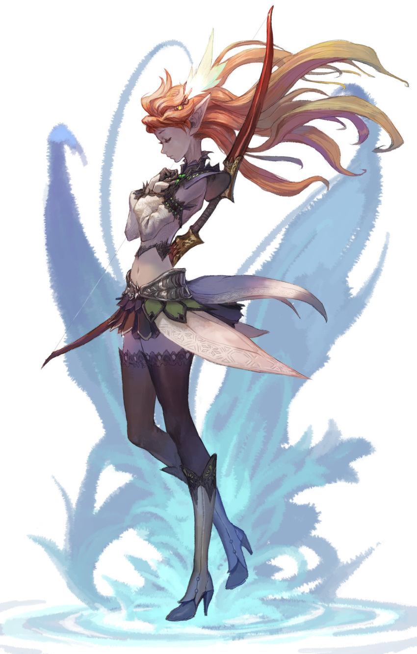 boots bow_(weapon) closed_eyes coattails crossed_arms detached_sleeves echo_of_soul elf full_body greaves hair_ornament high_heel_boots high_heels highres long_hair loped midriff miniskirt navel orange_hair pale_skin pointy_ears skirt sleeveless solo thighhighs weapon weapon_on_back zettai_ryouiki