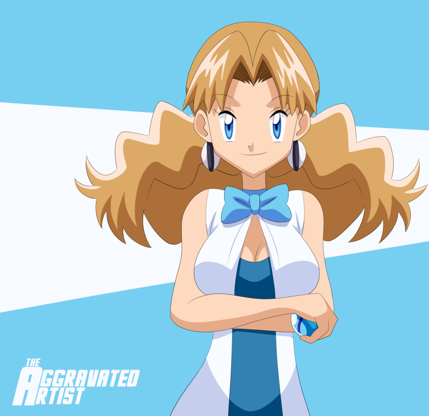 aggrav8edartist artist_name blue_dress blue_eyes breasts brown_hair cleavage commentary crossed_arms dress earrings highres holding holding_poke_ball jewelry large_breasts long_hair looking_at_viewer mii_snowdon older poke_ball pokemon pokemon_(anime) pokemon_(classic_anime) pokemon_m03 sleeveless sleeveless_dress solo