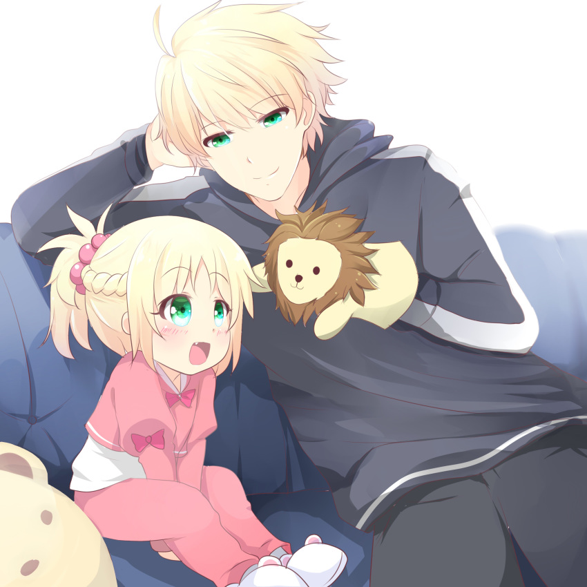 1girl :d age_difference agung_syaeful_anwar arthur_pendragon_(fate) blonde_hair blush bow braid child closed_mouth commentary eyebrows_visible_through_hair fang fate/apocrypha fate/prototype fate_(series) father_and_daughter french_braid green_eyes hair_bobbles hair_ornament hand_puppet happy highres hood hood_down hoodie long_sleeves looking_at_another mordred_(fate) mordred_(fate)_(all) open_mouth pants pink_bow pink_pants ponytail puppet sitting slippers smile younger